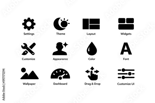 User interface icons: settings, theme, layout, widgets, customize, dashboard