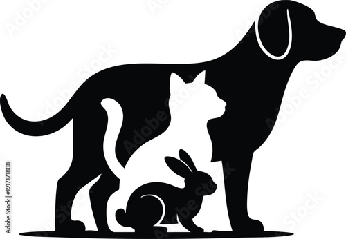 Triple Animal Silhouette Dog, Cat, and Rabbit, Monochrome Veterinary Logo: Canine, Feline, and Lagomorph Harmony, Minimalist Vector Illustration for Multi-Pet Care and Adoption, vector, illustration.