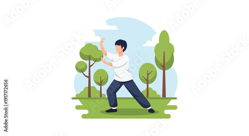 A flat illustration of a young man practicing Tai Chi or Qigong in a serene park setting with trees and grass.