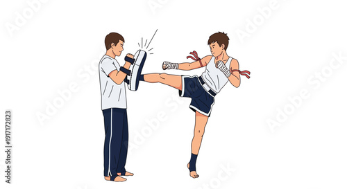 Two individuals practicing martial arts, one delivering a powerful high kick to a pad held by a trainer, illustrating a dynamic training session.