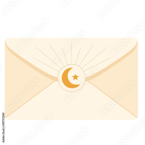 Elegant vector illustration of a light-colored envelope featuring a radiant golden crescent moon and star emblem, perfect for sending cultural and religious celebration greetings