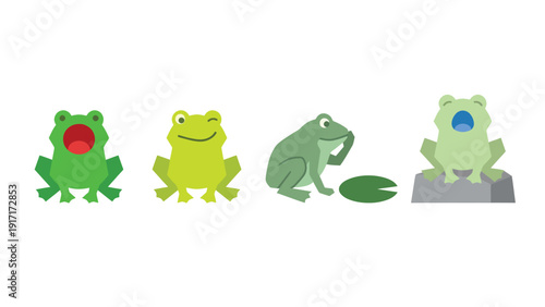 Set of Cute Green Frog Vector Illustrations with Different Poses and Expressions
