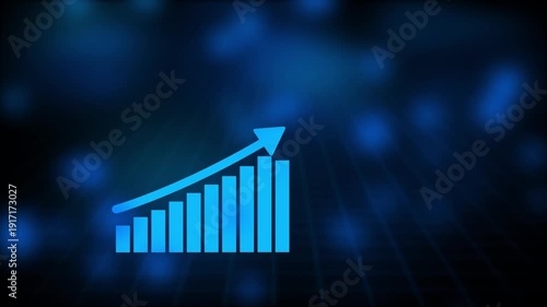 A bright blue bar graph with an upward trending arrow set against a dark background with glowing bokeh lights and a grid pattern suggesting data analysis and financial growth concepts Keywords