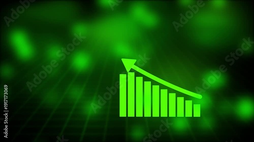 A bright green bar graph with an upward trending arrow set against a dark background with glowing bokeh lights and a grid pattern suggesting data analysis and financial growth concepts Keywords