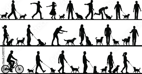 People walking dogs silhouette set showing daily activities, pet care routines, urban lifestyle moments, human animal interaction concepts isolated on white background