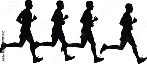 Running man silhouette sequence showing jogging motion, fitness training concept, healthy lifestyle activity, athlete movement stages isolated on white background