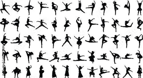 Large set of expressive dance silhouettes showing ballet, contemporary and modern choreography, dynamic jumping poses, artistic movement collection isolated on white background