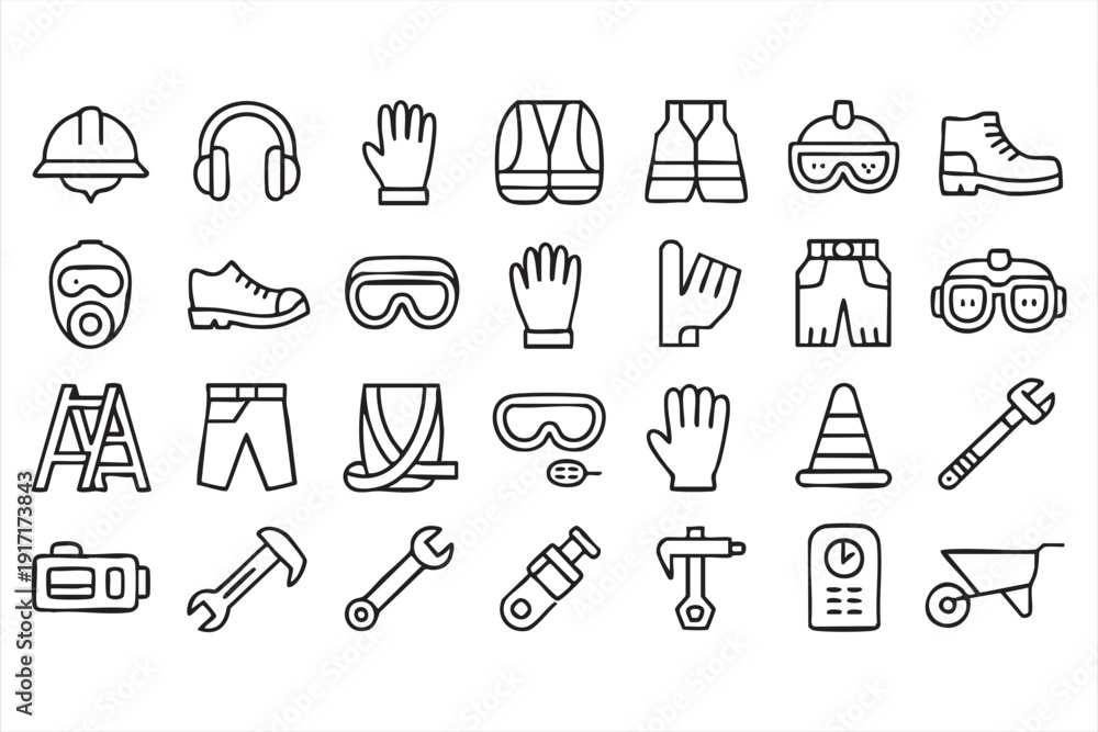 Naklejka premium PPE and Maintenance Tools Vector Icons in Minimal Line Style