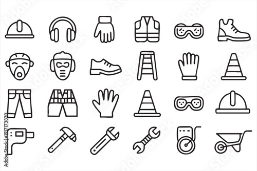 Construction Safety and Workwear Line Icons for Industrial Design