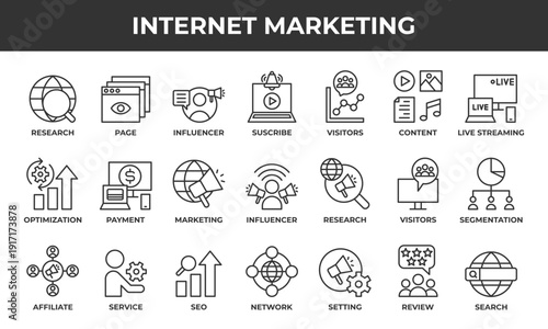 Internet marketing icon set. Contains line icons related to visitors, content, marketing, affiliate, and more.