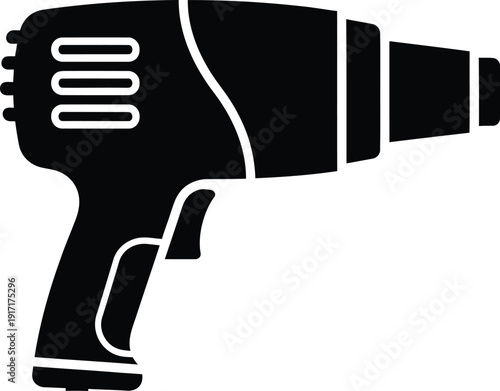 a black silhouette illustration depicts a modern power drill with a prominent handle and drill head showcasing a tool for construction