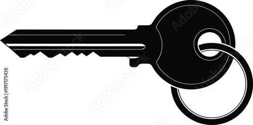 a simple stark black silhouette depicts a classic metal key with a circular head and a keyring attached symbolizing access and security