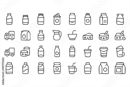 Beverage Bottle and Carton Outline Icon Set for Grocery Branding