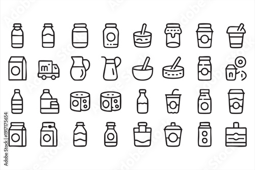 Food Container and Drink Bottle Line Icons for Retail Design