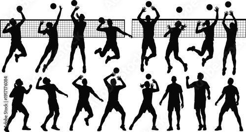 Volleyball players silhouettes jumping and spiking at net showing competitive team sport action dynamic movement black vector illustration isolated on white background collection