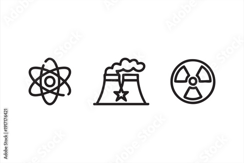 Nuclear Energy and Atomic Power Line Icon Set for Science and Industry Design