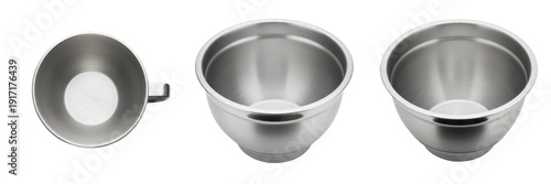 Set of Polished Stainless Steel Mixing Bowl Collection, Durable Deep Metal Kitchen Bowls for Cooking, Baking, and Food Preparation, isolated on white transparent PNG background