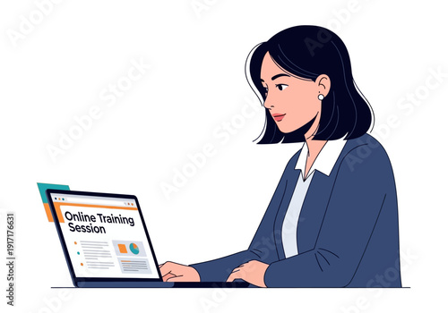 Woman participating in online training session on laptop, focused on screen with interactive graphics displayed.
