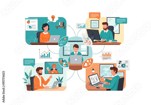 Collaboration and communication among professionals in a modern office environment viewed from above