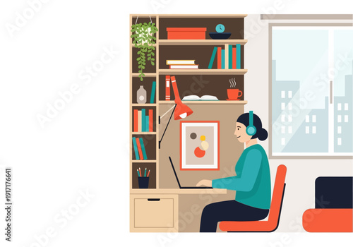 Woman working on laptop in modern office with bookshelves and city view