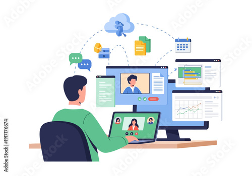 Man working remotely on multiple devices with digital communication and productivity tools surrounding him in a modern workspace viewed from behind