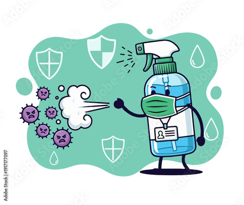 Cartoon disinfectant sprayer wearing mask fights germs with shield icons