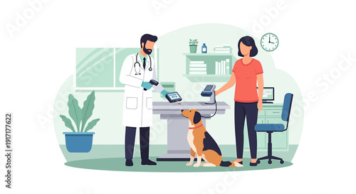 Veterinarian examining a dog with owner present in clinic.