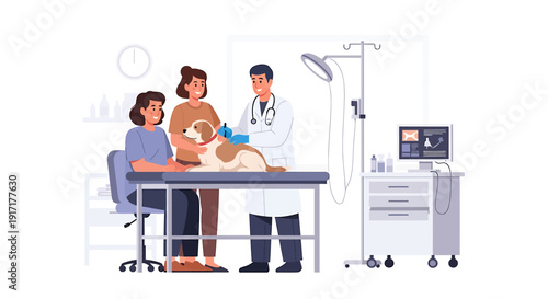 Veterinarian examining a dog with owners present.