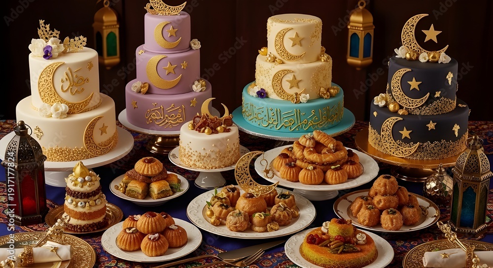 Fototapeta premium A vibrant food photograph showcasing an elaborate collection of Ramadan-themed desserts, including multi-tiered cakes adorned with golden moon-and-star motifs and Islamic calligraphy