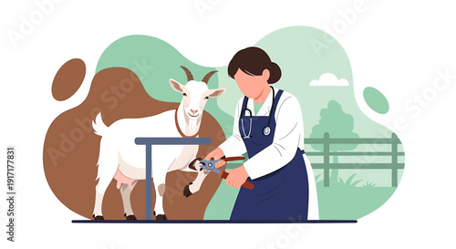 Veterinarian examining a goats hoof on a farm.