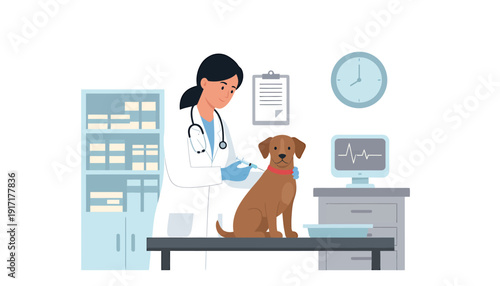 Veterinarian examining a healthy brown dog during a checkup.