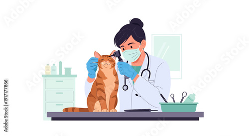 Veterinarian examining an orange cat during a checkup.
