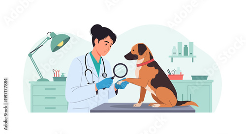 Veterinarian Examining Dog Paw with Magnifying Glass.