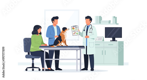Veterinarian Examining Dog with Owners in Clinic.