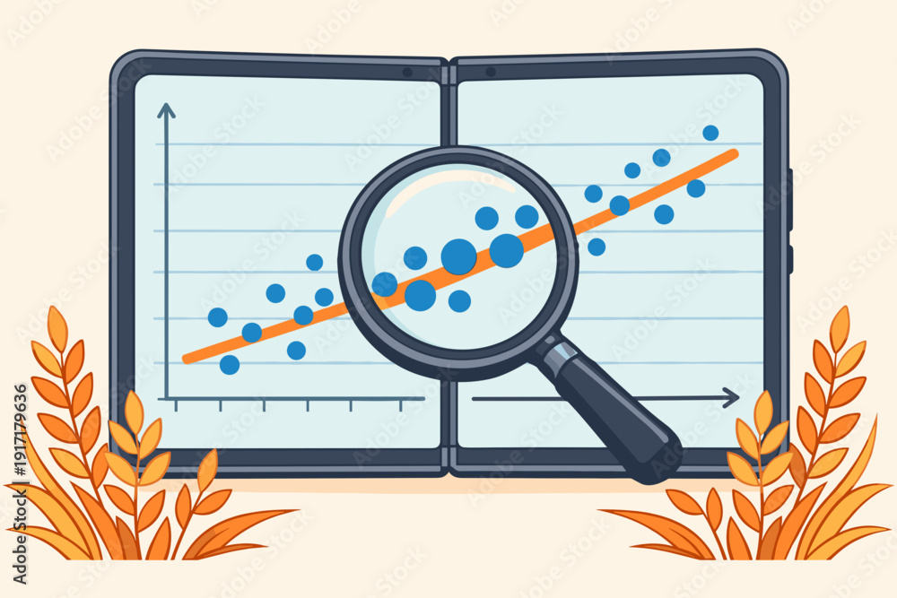 Foto Magnifying glass over scatter plot graph showing data analysis.