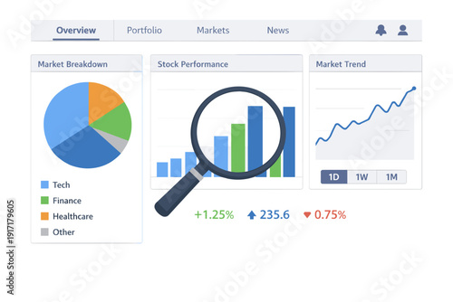 Financial stock market analysis with charts and magnifying glass.