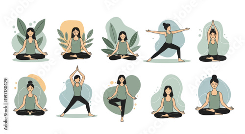 Yoga poses vector icon set. Includes various yoga positions, meditation, and wellness illustrations. Created in minimalist flat style with pastel green and blue palette.