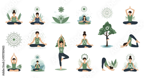 Yoga icon set, Includes 16 yoga poses, plants and symbols. Created in flat style with green and blue palette.
