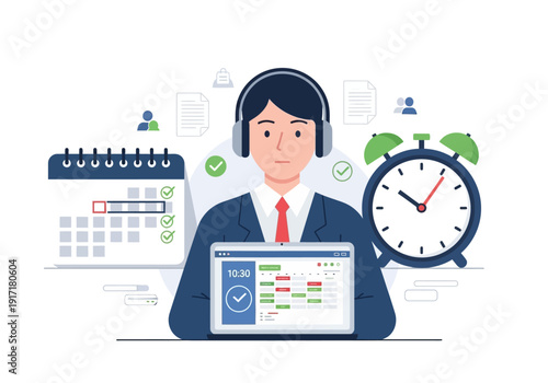 Businessman with headset working on laptop with calendar and clock nearby, symbolizing productivity and time management