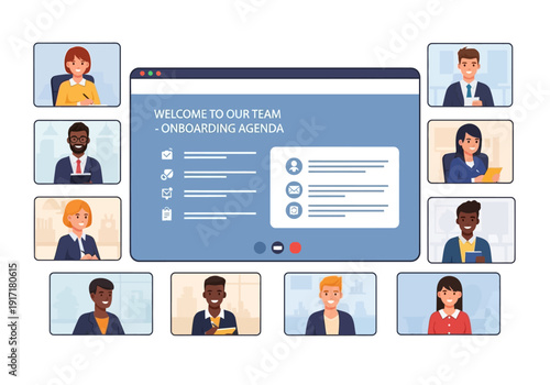 Diverse team members collaborating on a project through a virtual onboarding platform interface