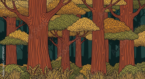 Serene Autumn Forest Landscape with Tall Trees and Lush Foliage in Earthy Tones