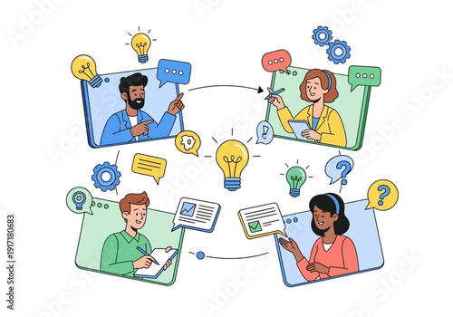 Diverse group collaborating remotely, sharing ideas and discussing projects through digital screens and communication icons.