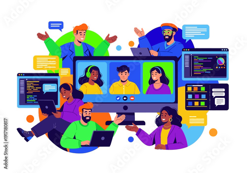 Diverse group of people collaborating remotely on a project with digital devices and communication tools surrounding them in a vibrant workspace.