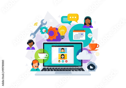 Collaboration and Productivity on Laptop with Various Icons and People Surrounding It Representing Technology and Communication