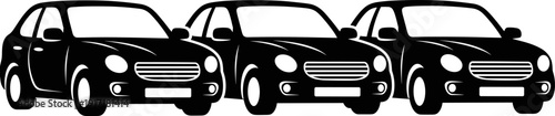 Vector illustration of three modern compact cars in clean black silhouette style, showcasing front and side details for automotive, transport, and design projects