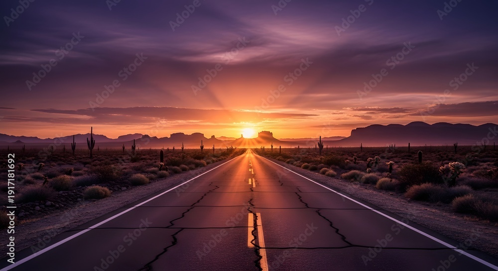 Fototapeta premium Vast desert highway stretching towards a breathtaking sunset, with saguaro cacti lining the roadside under a dramatic purple and orange sky