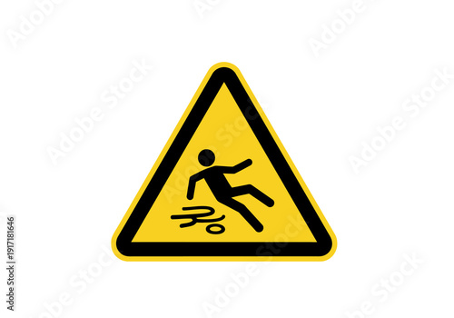 Warning sign with slipping person icon on yellow background triangular symbol indicating caution and hazard ahead viewed from directly above