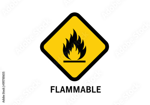 Warning sign with flammable symbol on yellow background viewed from directly above indicating caution for hazardous materials