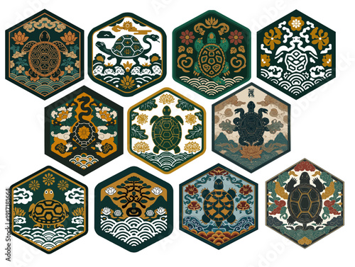 Set of 10 traditional Asian vintage green turtle and tortoise hexagon stamp illustrations (Oriental longevity symbol icon)
(동양의 장수 상징 아이콘 - 10종의 전통 아시아 빈티지 녹색 거북이 및 육지거북 육각형 스탬프 일러스트 세트)