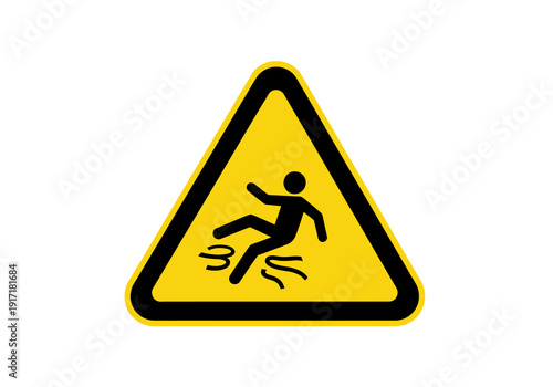 Warning sign with slipping figure icon on yellow triangular background viewed from directly above